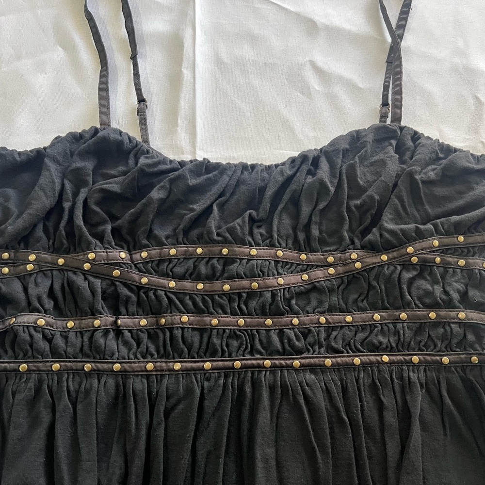 MM Couture by Miss Me Black Ruched Spaghetti Strap Blouse with Studded Trim.Pre